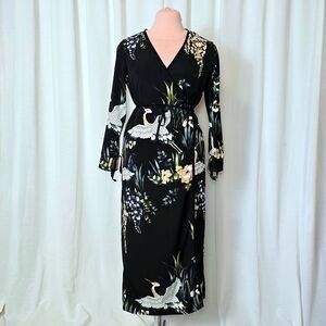 Elegant Black Wrap Dress with Multicolor Floral Crane Print